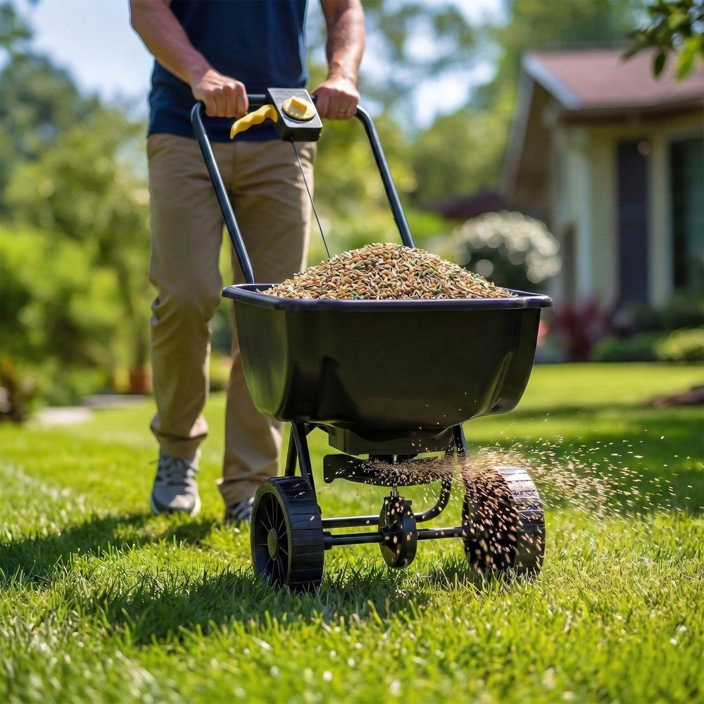 Broadcast Spreader,70LBS Capacity, Walk-Behind Push Spreader with Hopper Grate