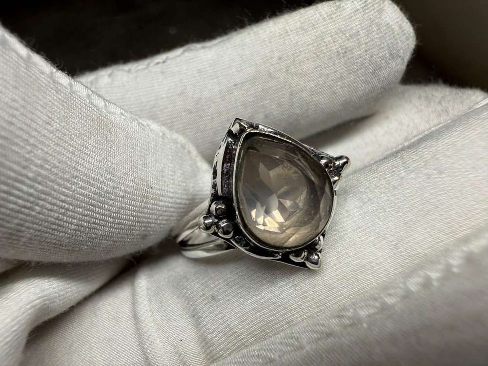 Solid 925 Sterling Silver Large Rose Quartz Teardrop Cabochon Boho Handmade Ring