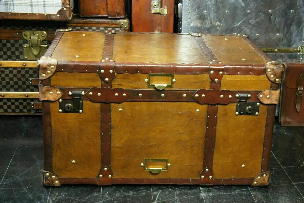 Big Tan Leather Trunk Coffee Table Chest Trunk with Antique leather Trim