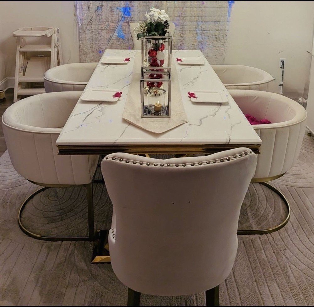 Modern Marble Dining Table Set Gold Base Upholstered Chairs White Rectangular 6