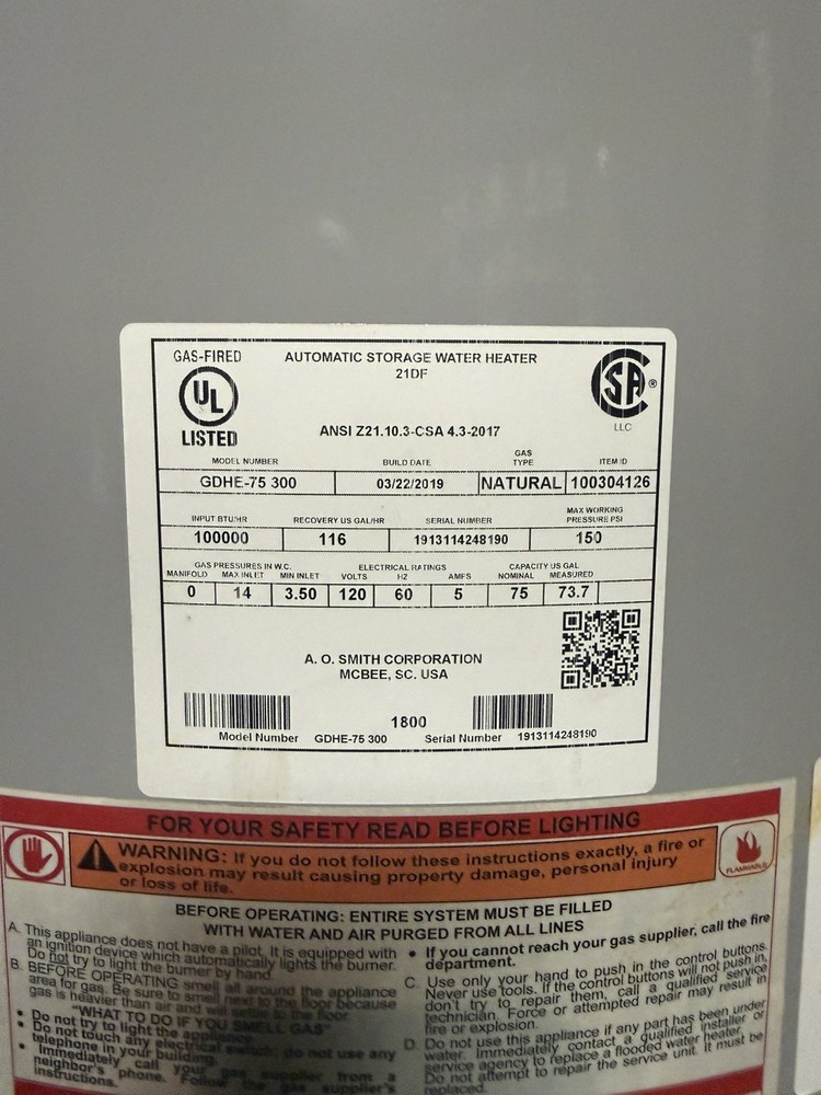 AO Smith Vertex GDHE-75 300 75-Gal Gas Water Heater 100,000 BTU | Energy Star