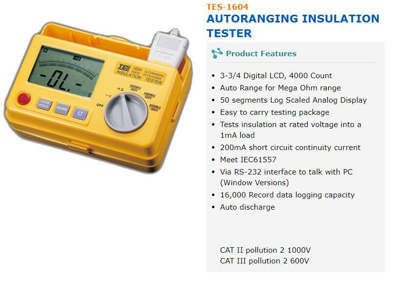 TES-1604 Auto Ranging Datalogging Insulation Tester Meter with Software NEW #