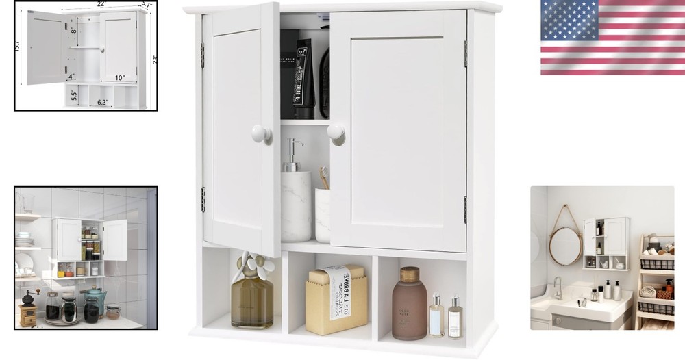 Bathroom Wall Cabinet with 2 Doors Adjustable Shelves Storage Organizer White