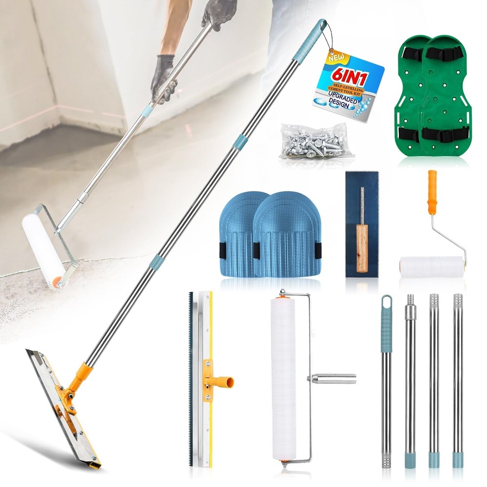 Upgraded Self-Levelling Cement Tool Kit - Floor Construction Roller Spike Sho...