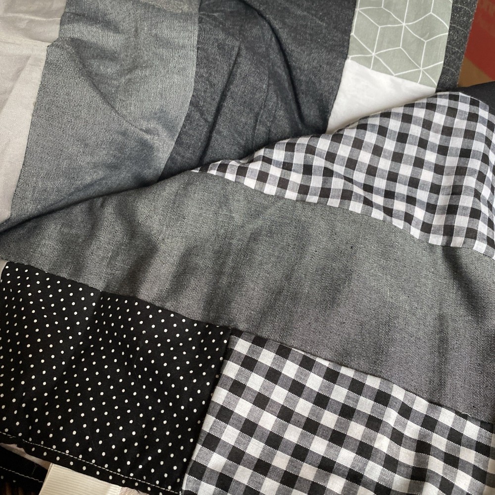 Large Handmade Blanket Taggie Blanket - Patchwork black, white, grey with stripe