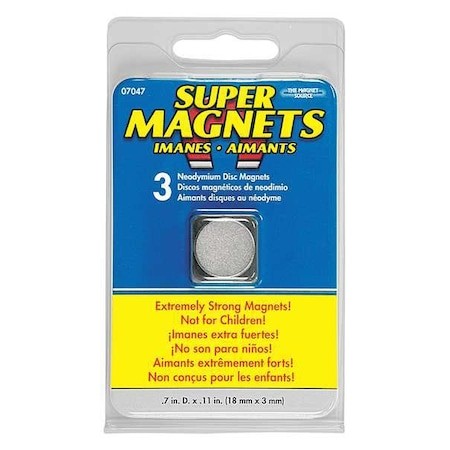 Zoro Select 7047 Disc Magnet,Neodymium,6 Lb. Pull,Pk3