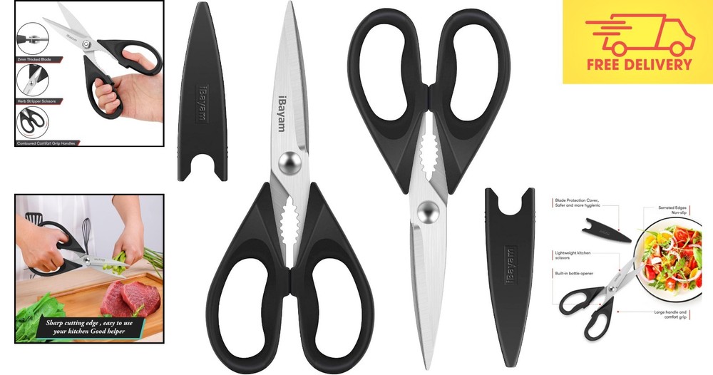 Ergonomic Black Kitchen Shears - 2-Pack Heavy Duty Meat & Poultry Scissors