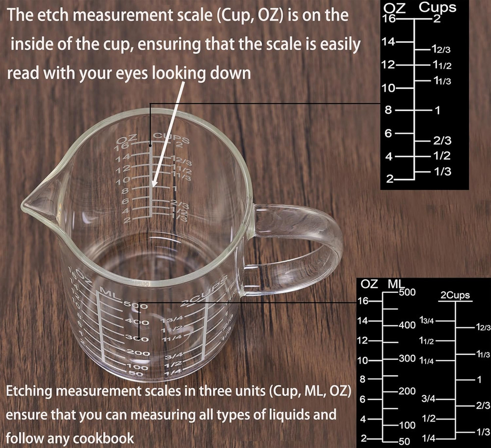 Ackers Mirror Etching Scale Glass Measuring Cup-[Insulated handle | V-Shaped Spo