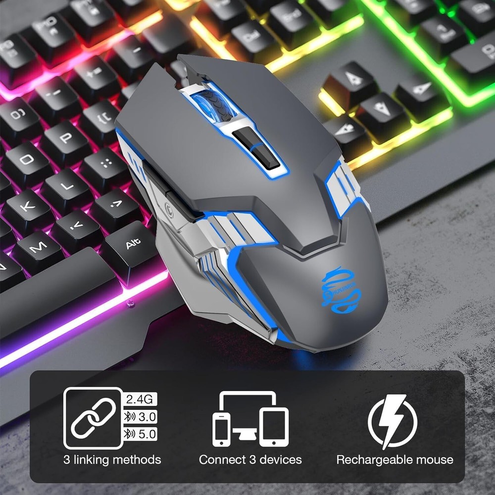 Multi-Mode Wireless Mouse - 2400 DPI - 7 Buttons - Rechargeable Battery - Grey