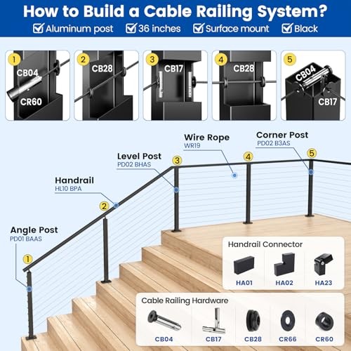 6'6" Aluminum Cable Railing Handrail Rectangular Handrail for 1 Pack Black