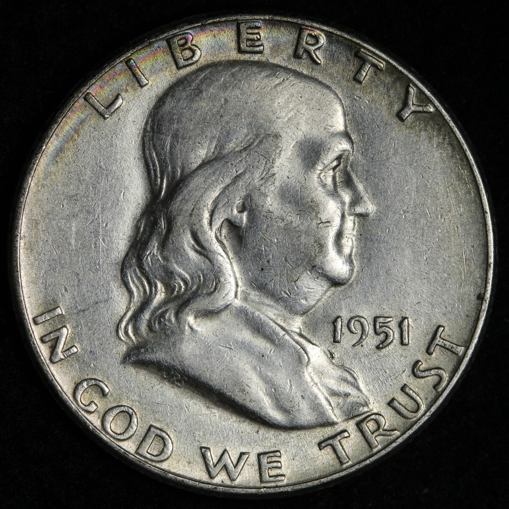 1951 Franklin Silver Half Dollar AU TONED E382 ZIAP
