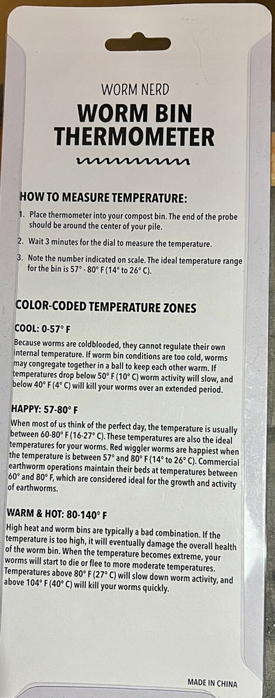 WORM NERD WORM BIN THERMOMETER~NEW