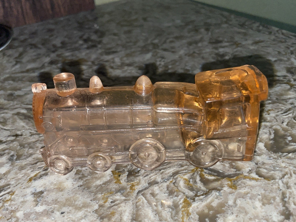 Vintage Pink Depression glass Train Engine candy container 5" long