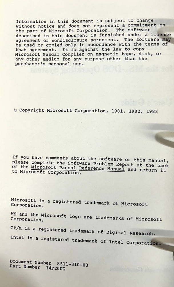 Microsoft Pascal Compiler Vrs 3.32 Manual & Software