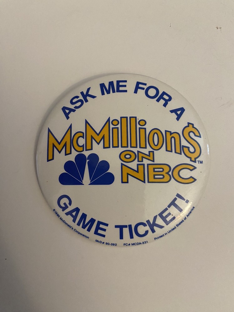 McDonald’s McMillions On NBC Pin Back Button P46