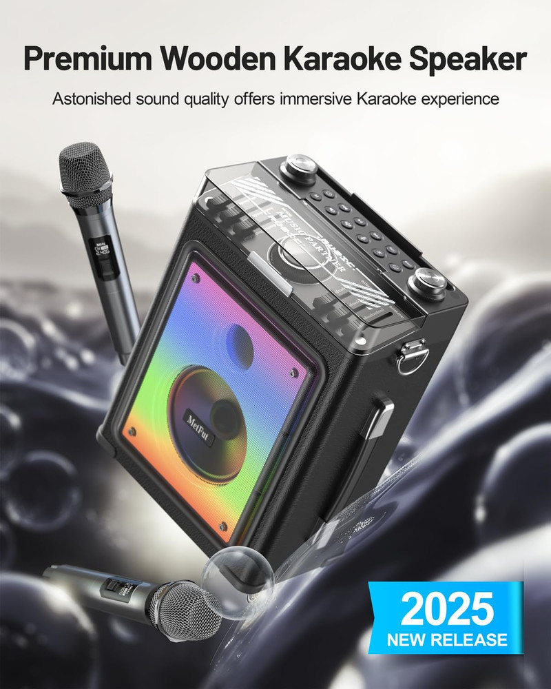 Karaoke Machine, Powerful Bluetooth Speaker with Two Wireless Microphones, Porta