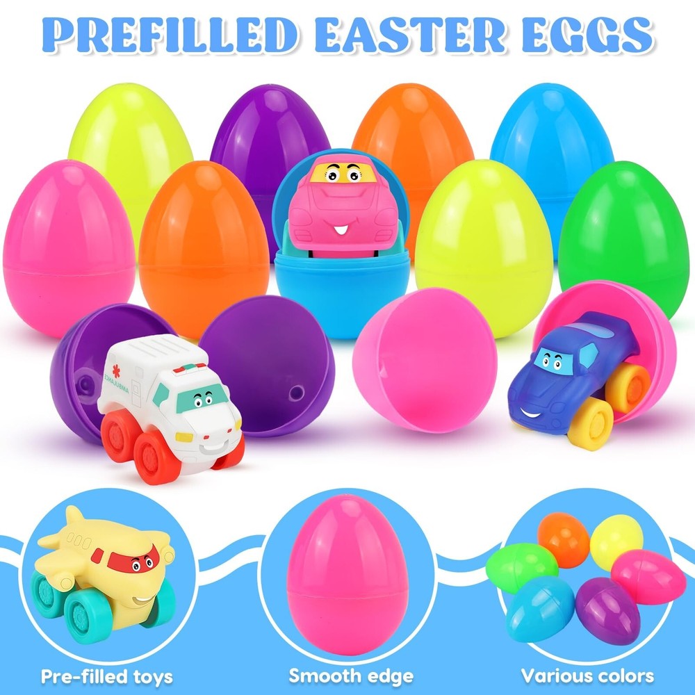 Prefilled Easter Eggs with Toy Cars: 12Pcs Filled Easter Eggs with Soft Rubbe...