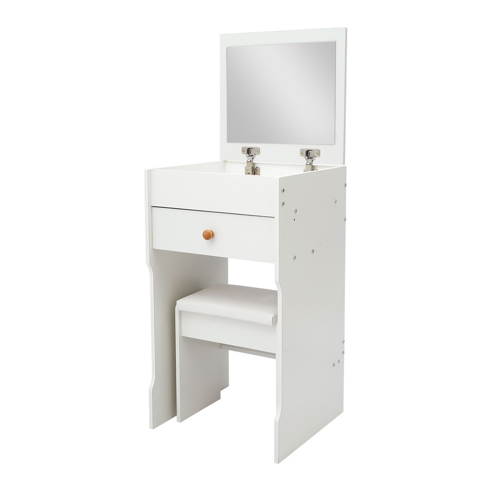 Vanity Table With Mirror, Compact Makeup Vanity W/ Storage Compartments & Stool
