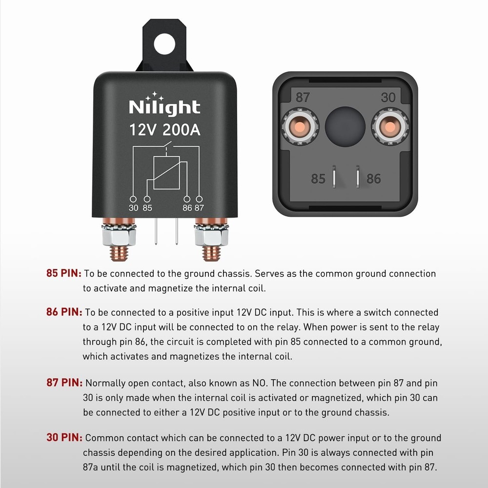 Nilight 200A Starter Relay 4 Pin Split Switch 12V Continuous Heavy Duty SPST
