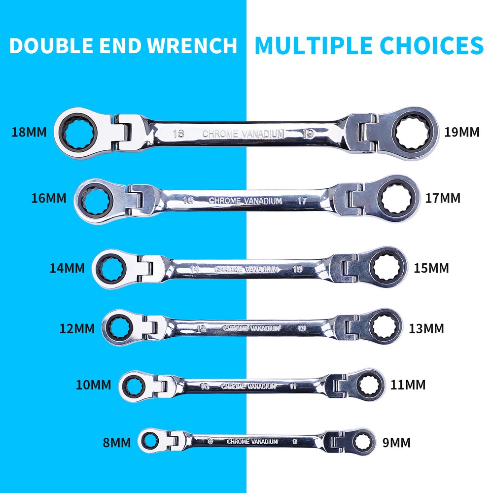 6Pack Double Box End Ratcheting Wrench Flex Head Extra Spanners Metric Universal