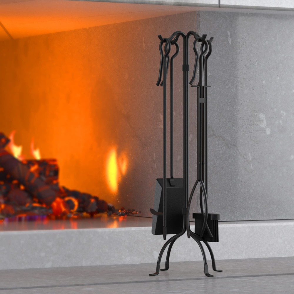 5-Piece Fireplace Tools Set Heavy Duty Wrought Iron Fire Place Toolset Black
