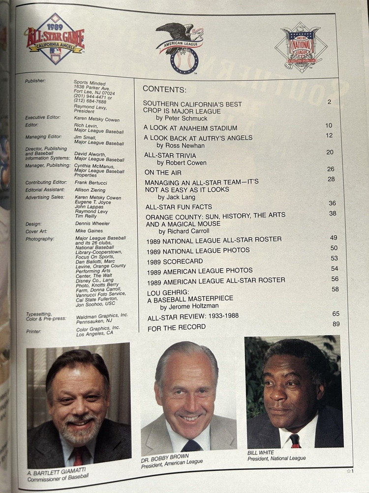 1989 MLB Baseball ALL-STAR Game Program Schmidt, Bonilla, Ripken Jr, Boggs, Ryan