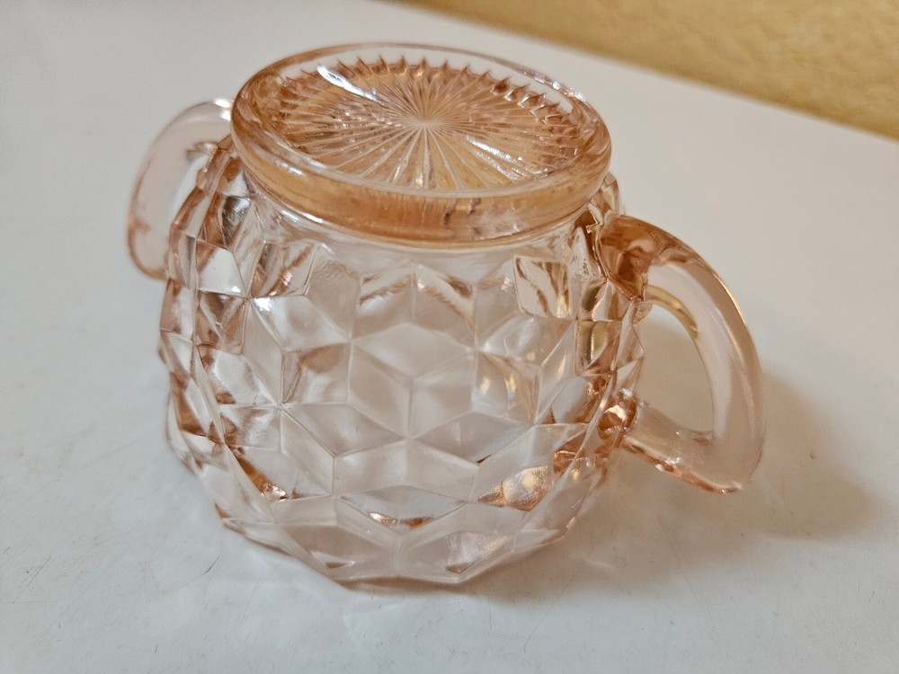 Depression Pink Jeannette Glass Open Sugar Bowl 2 Handles Cube Pattern