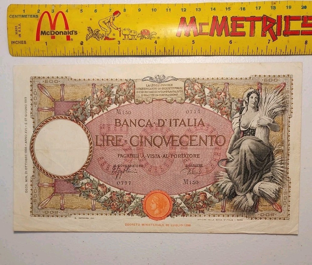 1938 Italy 500 Lire Note; Pick 51d ☆Solid Very Fine☆