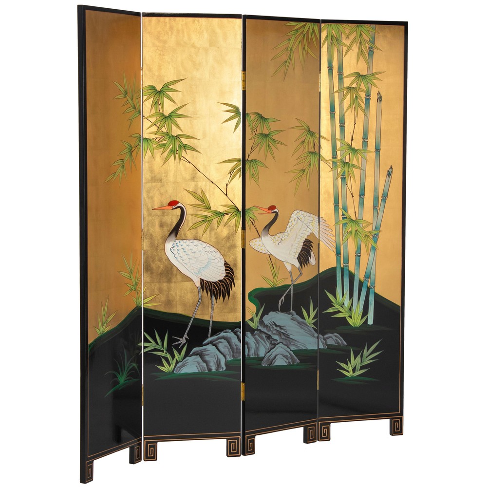6 ft. Tall Gold Lacquer Room Divider - Cranes