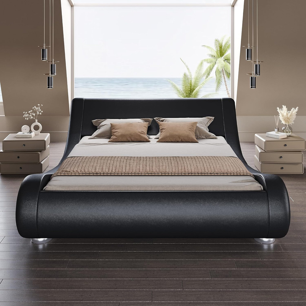 SHA CERLIN Queen Size Upholstered Bed Frame, Deluxe Low Profile Sleigh Bed with