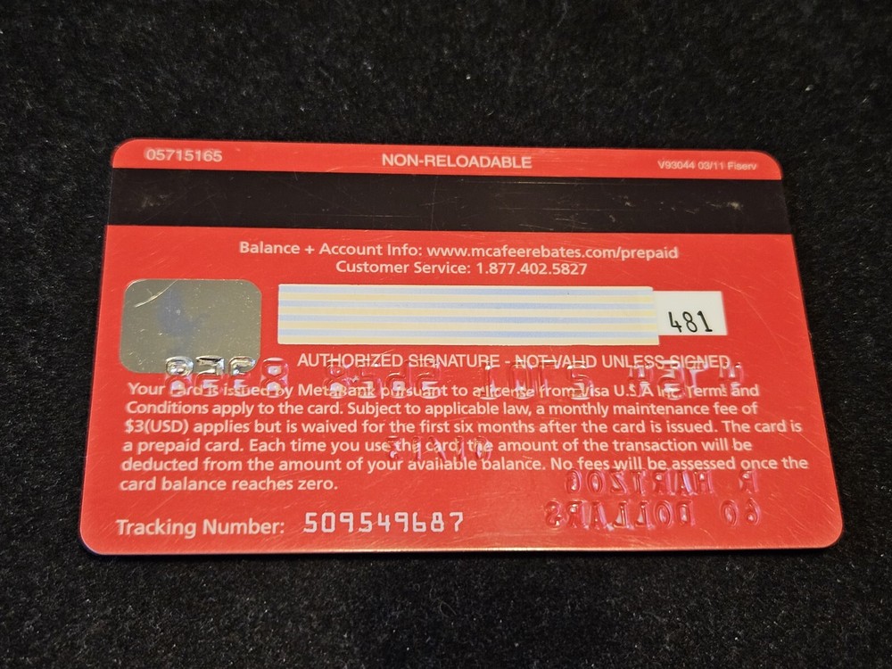 McAfee Visa Debit Charge Card ~ Exp 2013 ~ cc2391