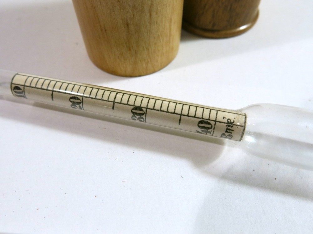 Antique Hydrometer in Turned Solid Maple Two-Part Storage Tube — Refinished