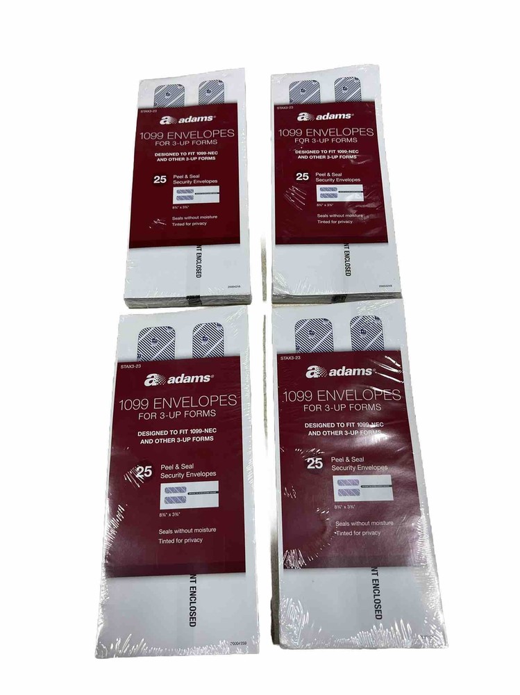 4-PACK Adams 1099 Envelopes For 3-Up Forms 25 Per Pack (100 Envelopes Total)