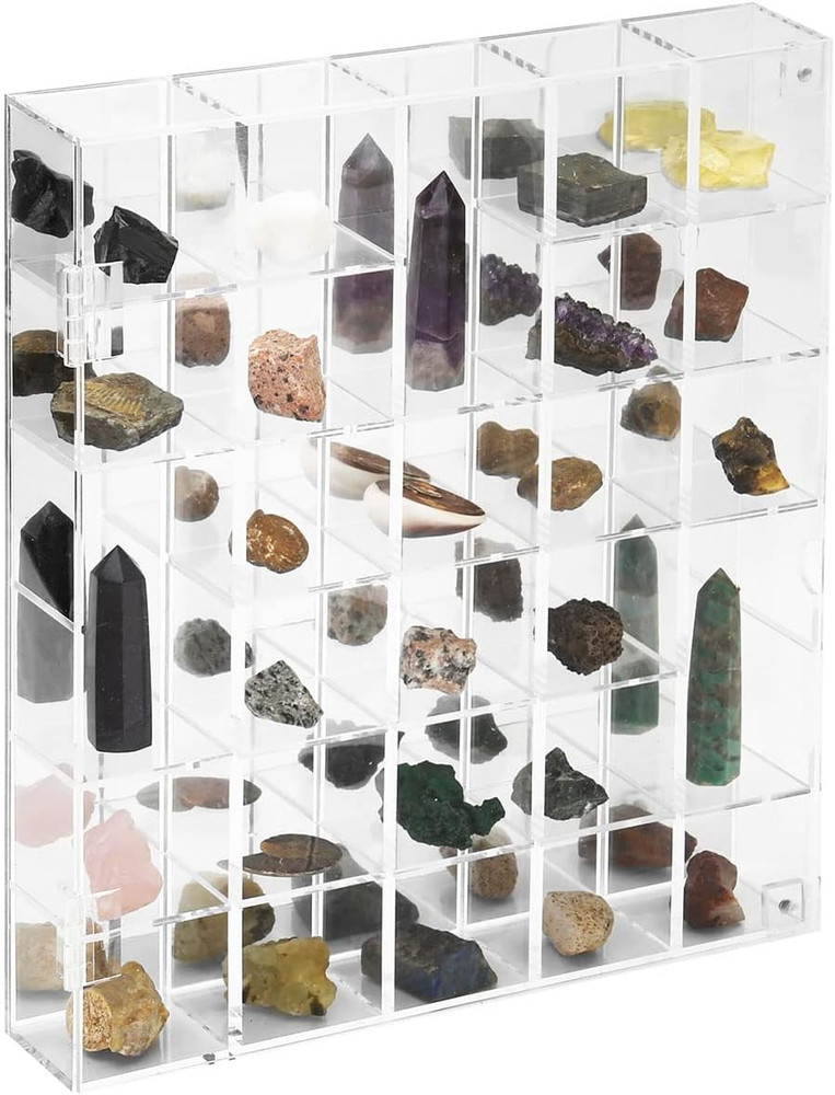 Adjustable Rock Display Case Clear Acrylic Collection Box with Mirrored Arrowhea