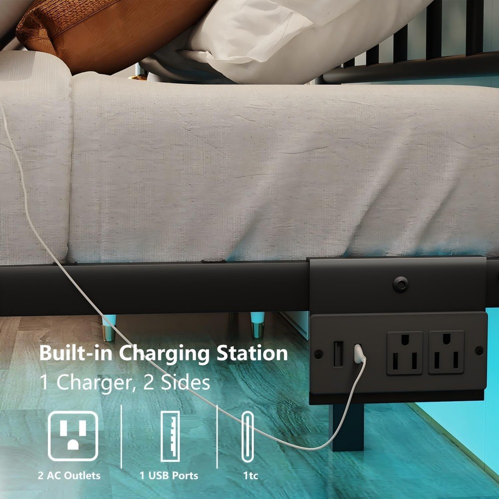 Twin Size Bed Frames with Charging Station,Black Metal Platform Bed Frame wit...