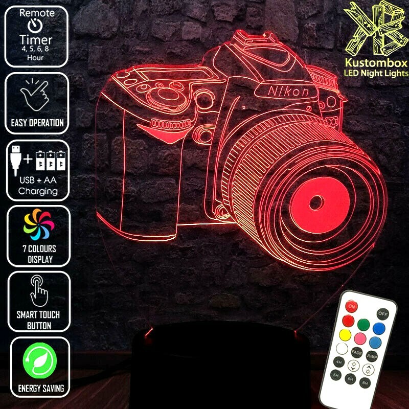 NIKON CAMERA SLR 3D LED BATTERY USB NIGHT LIGHT 7 COLOURS REMOTE CONTROL & TIMER