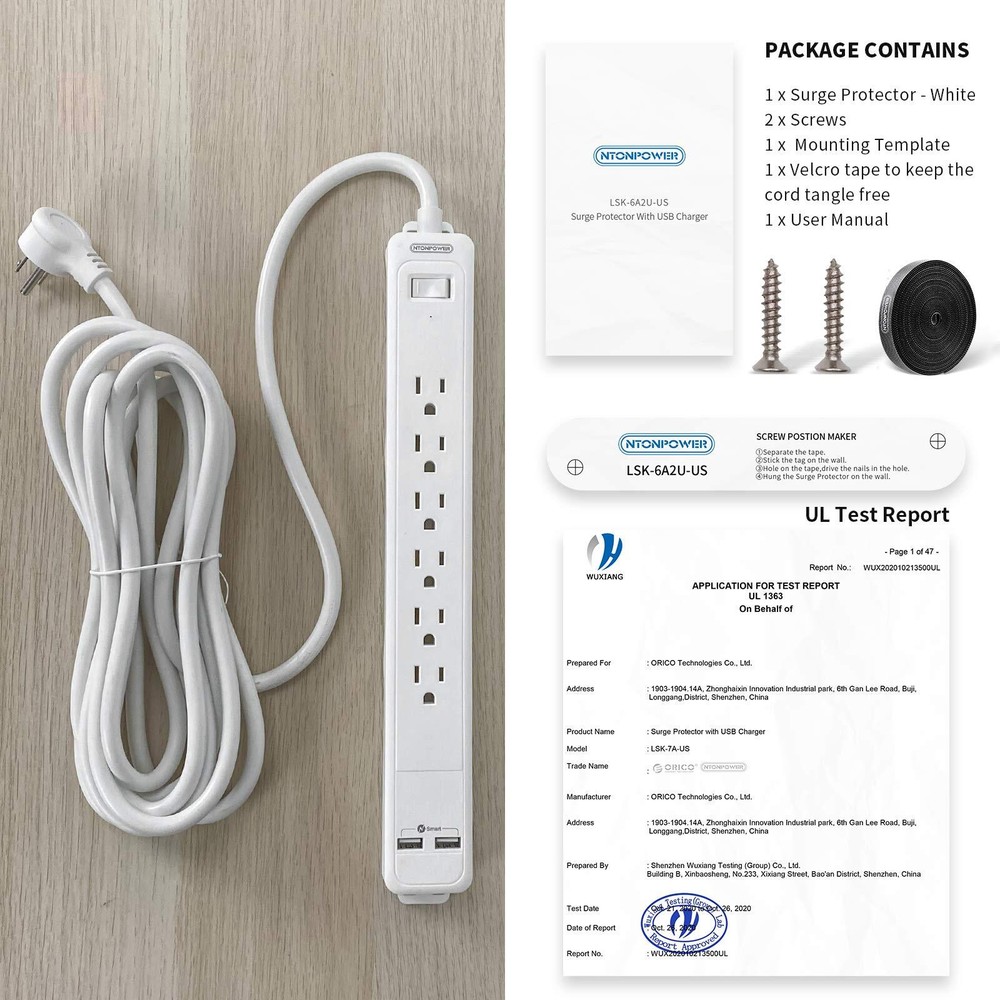 Surge Protector Power Strip 7 Outlets Flat Plug 15ft 1080J White