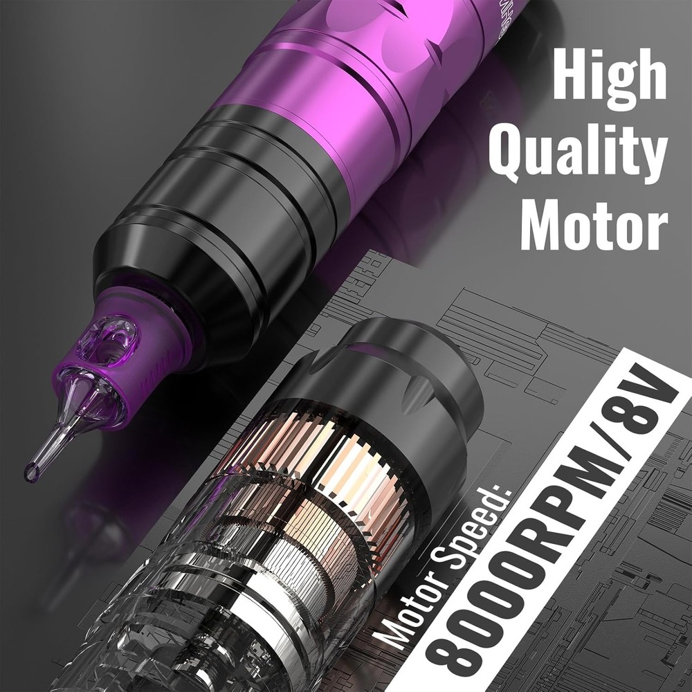 Complete Tattoo Experience: Wireless Machine, Ink Set & 20 Needles - Purple Kit