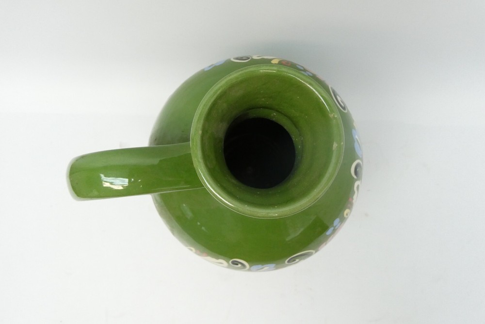 Green Hand Painted Made in Morocco Ceramic Floral Pattern Redware Jug One Handle