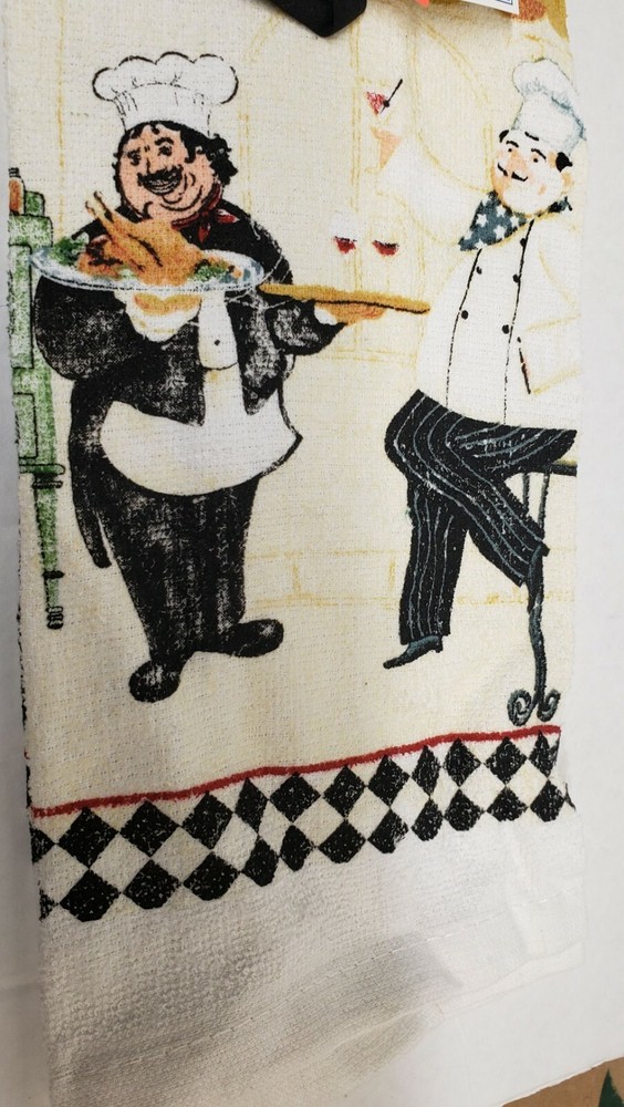 2 pc KITCHEN PRINTED SET: Pot Holder & Towel, 2 FAT CHEFS, with black back by AM