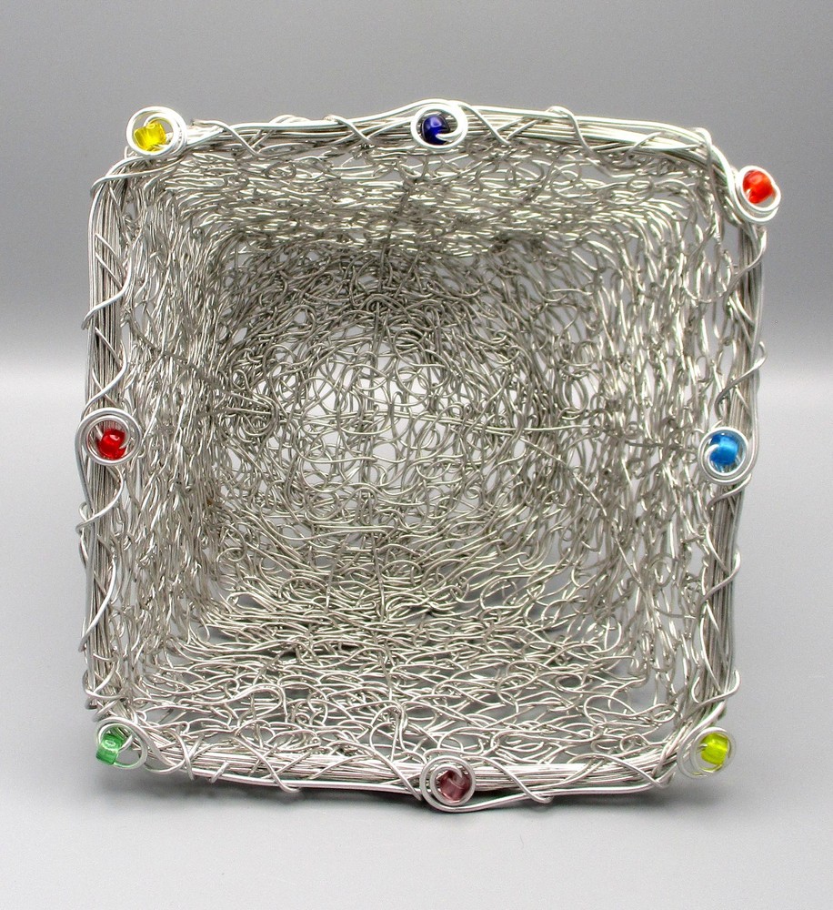 Decorative 8" Square x 4" High Wire Basket with Colored Beads