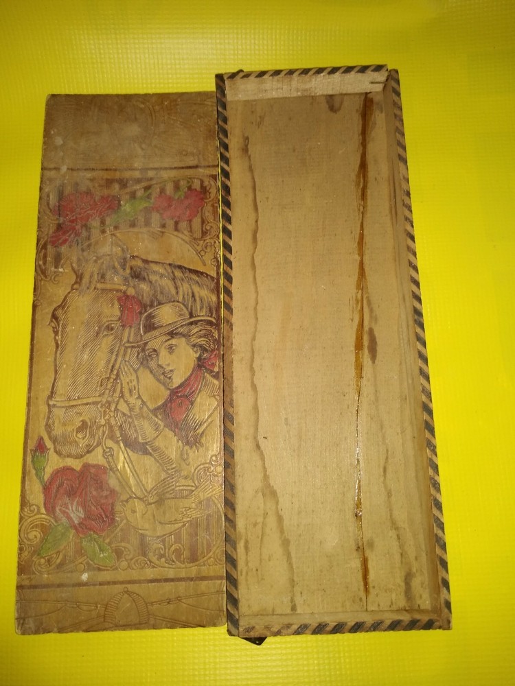 Hunter Jumper Pyrography glove box 1920s unusual estate pc