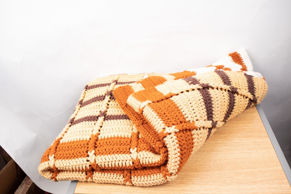 Afghan Throw White Tan Brown Rust 75" X 48"