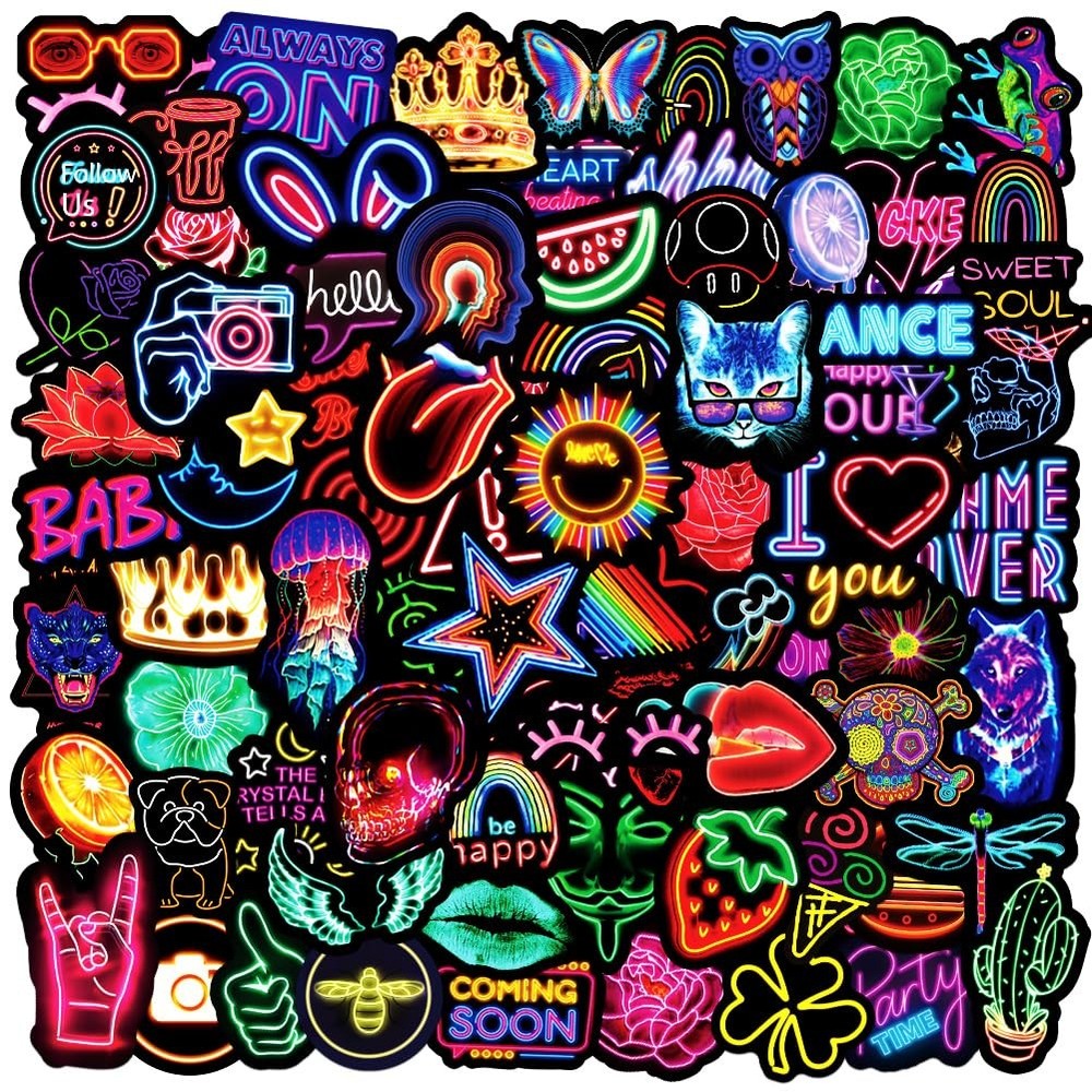 100Pcs Neon Stickers Decal, Waterproof Vinyl Pack for Multicolor