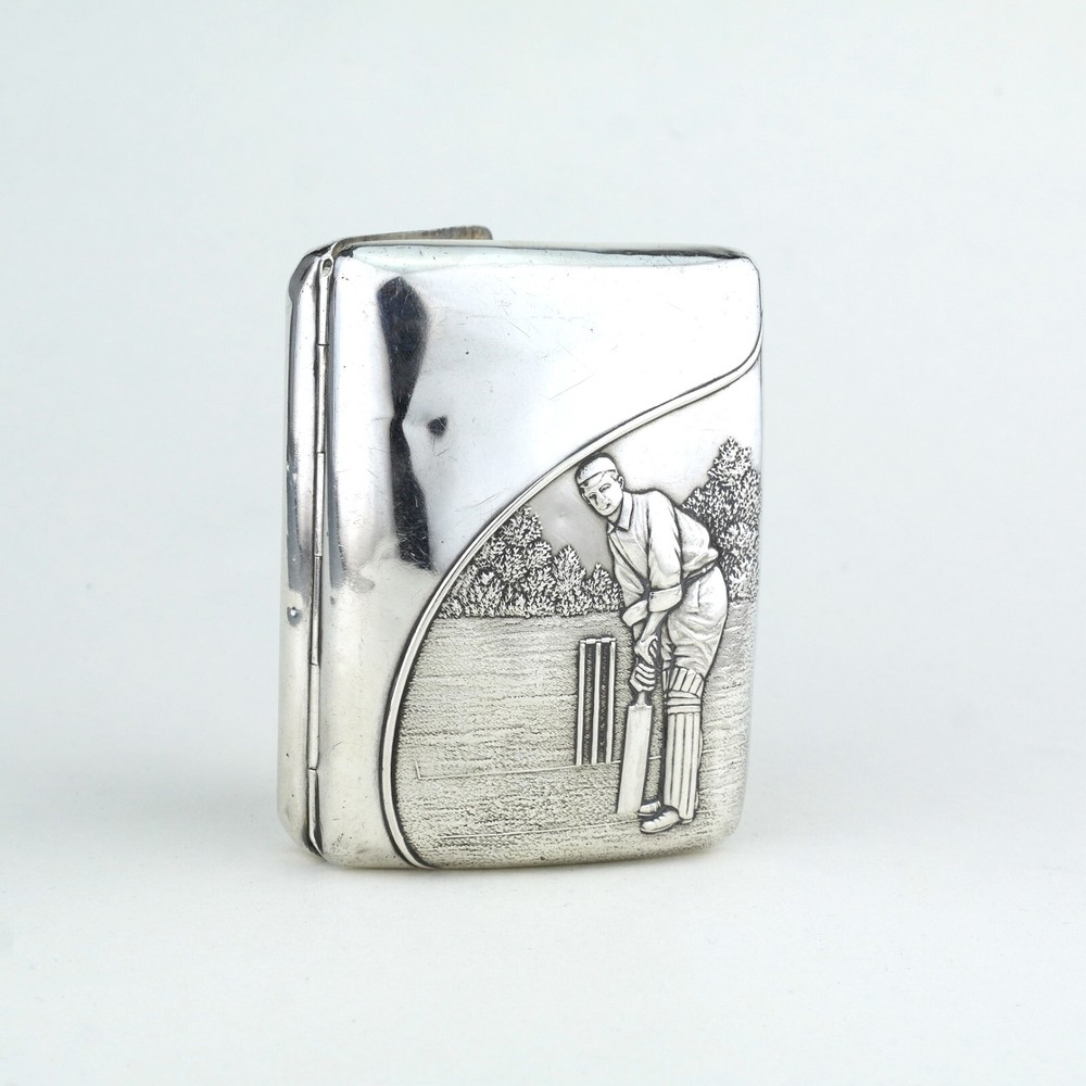 Rare Edwardian Novelty Solid Sterling Silver Cigarette Case Cricket. 1910.