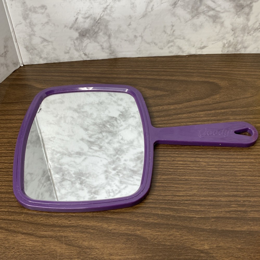 Vtg Handheld Goody Mirror with Handle, Purple, DMG READ