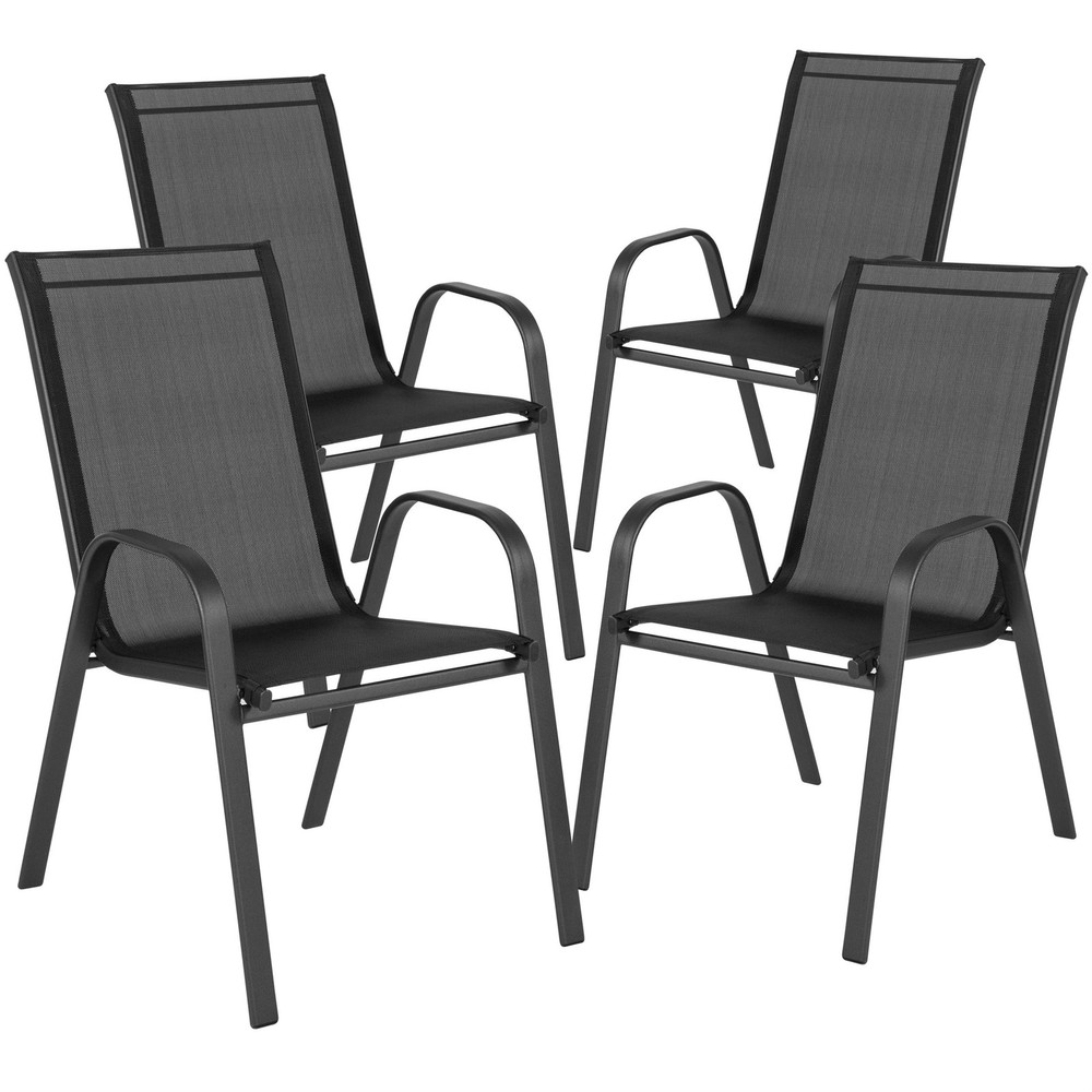 7 Piece Patio Dining Set - 55" Glass Patio Table 6 Black Flex Stack Chairs