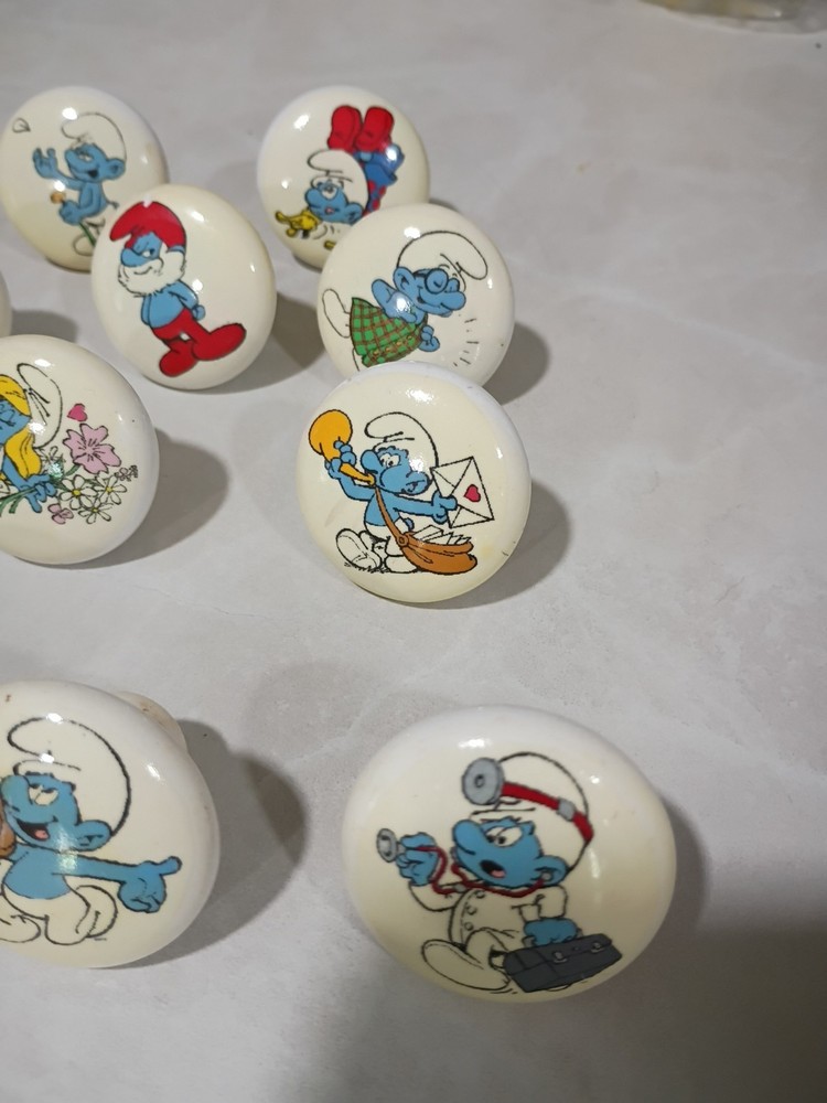 11 Vintage SMURF Porcelain Drawer Pulls