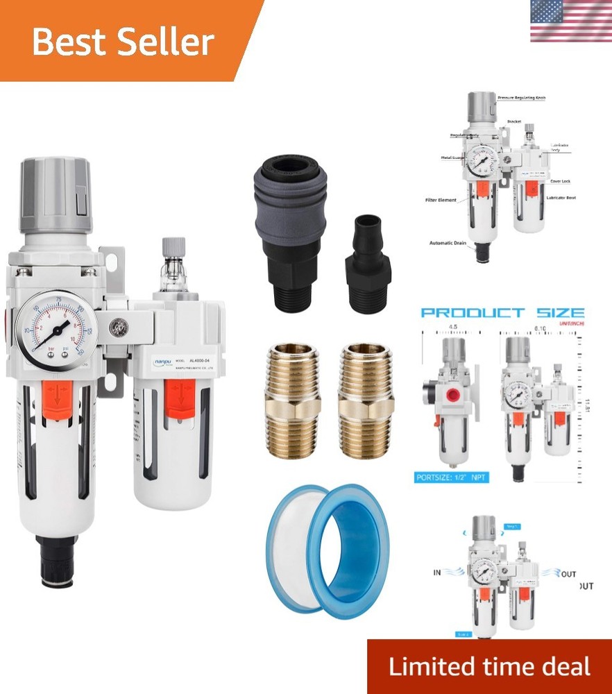 Efficient 1/2" NPT Air Filter Regulator Lubricator Combo with Gauge & Bracket
