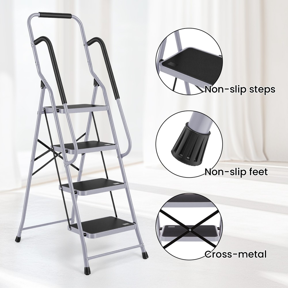 4 Step Ladder with Hankdrails,  Folding Step Stool with Safety Lock Gray